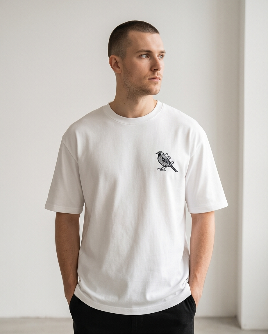 Man wearing a white t-shirt with a small graphic on a plain background