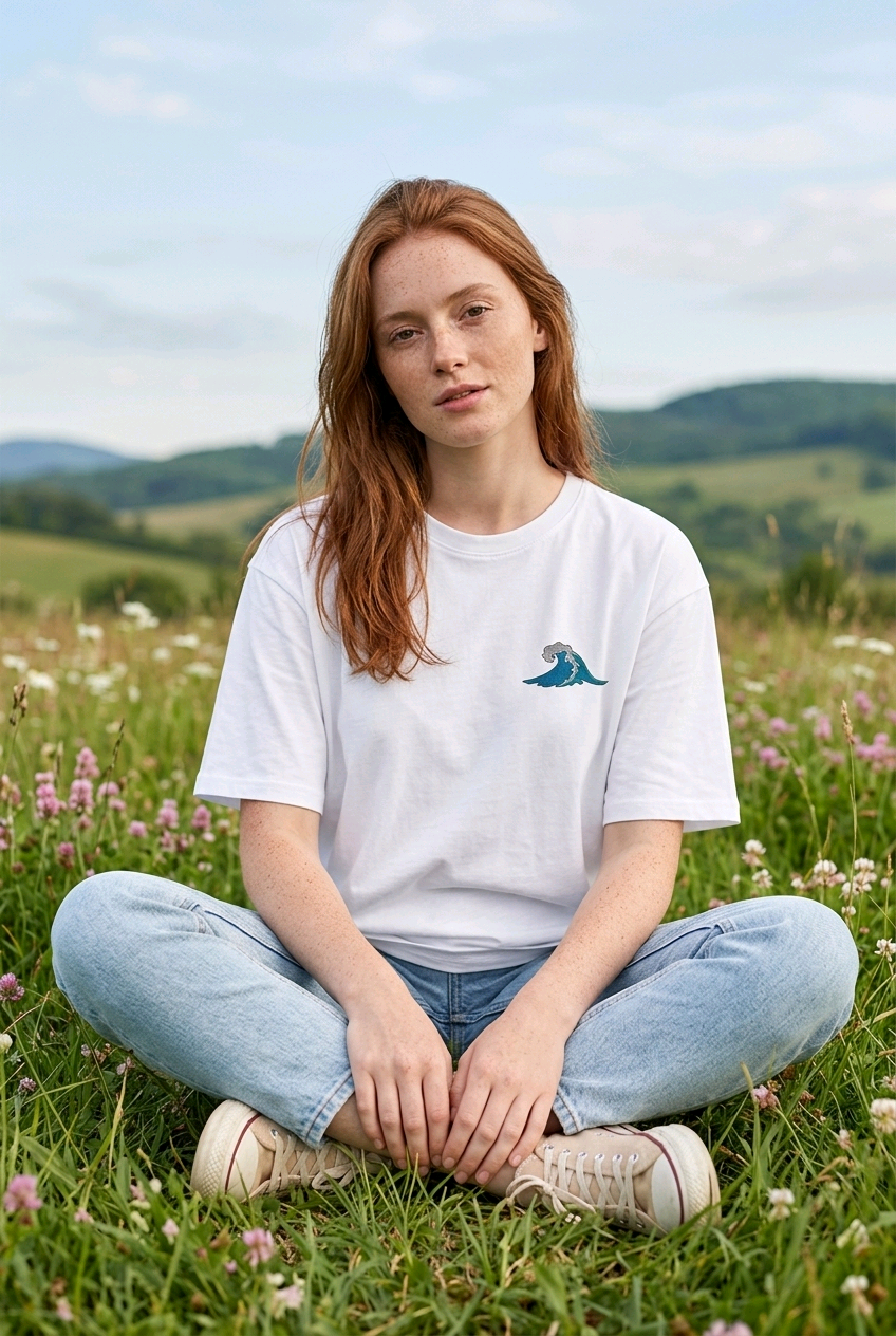Person sitting in a field wearing a white t-shirt with a small graphic design.
